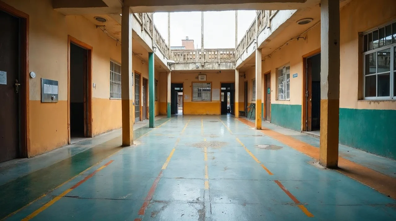 El patio cubierto de la escuela, vacío