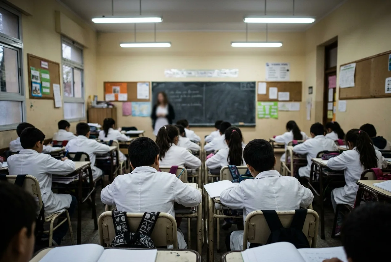 Un aula con alumnos de guardapolvo, de espaldas