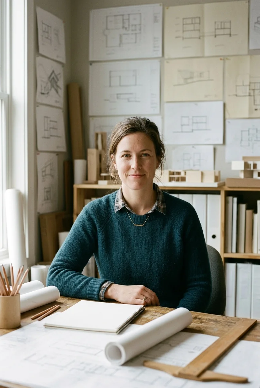 Arquitecta del estudio en su mesa de trabajo