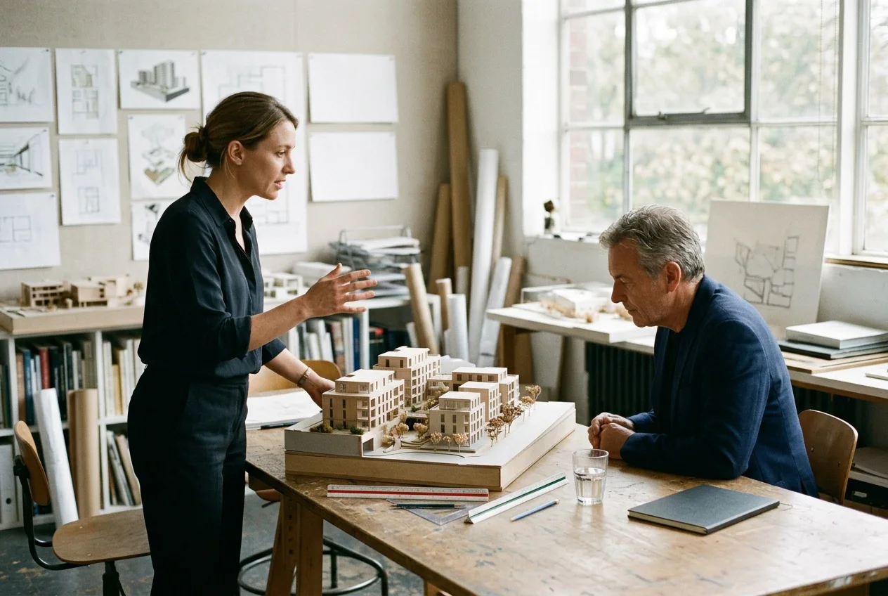 Reunión de proyecto alrededor de una maqueta