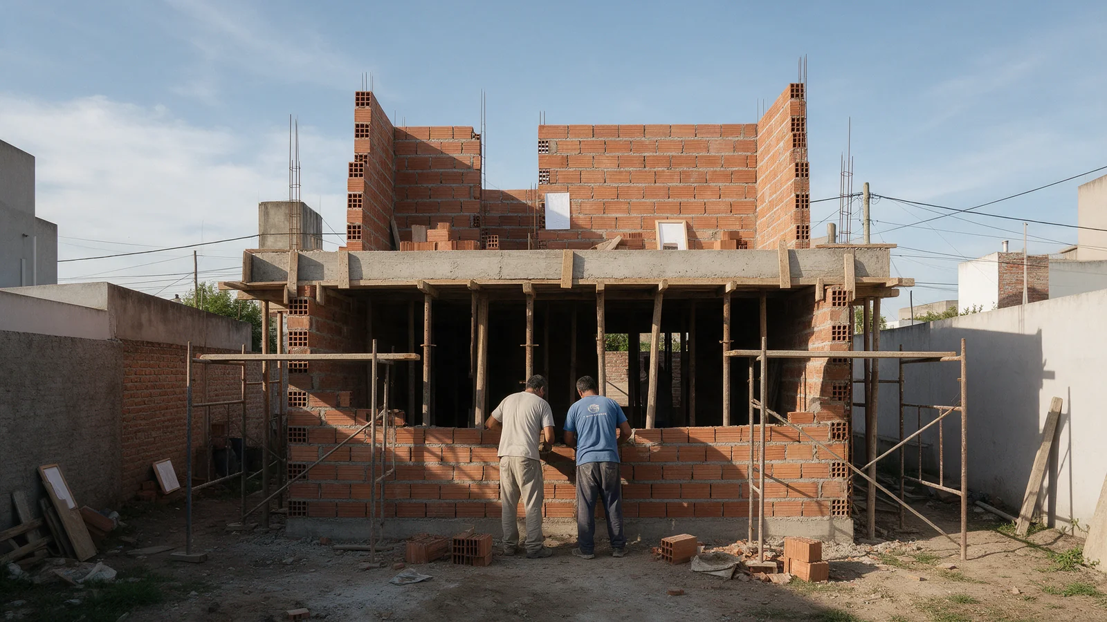 Casa en obra de [NOMBRE]: dos albañiles levantando la mampostería