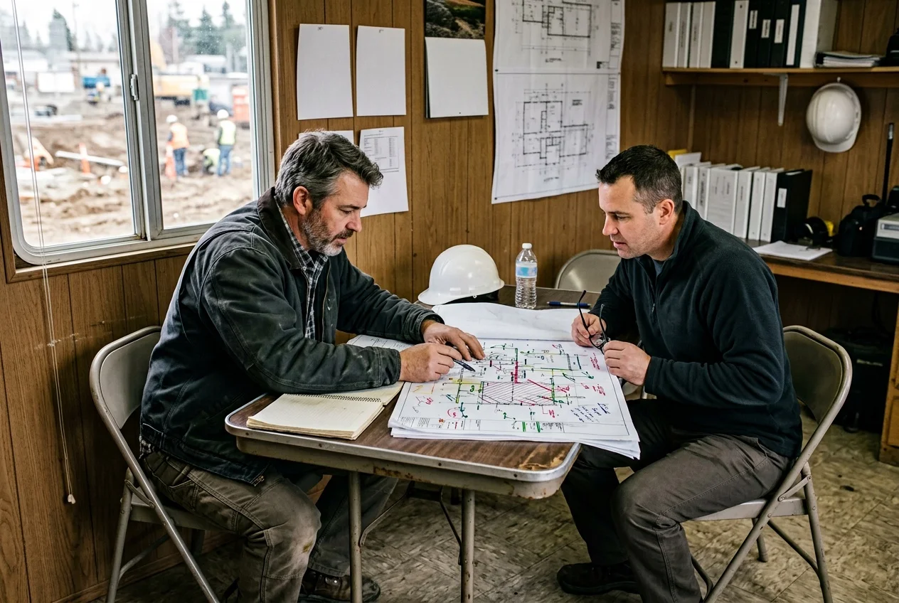 Jefe de obra revisando los planos en la obra