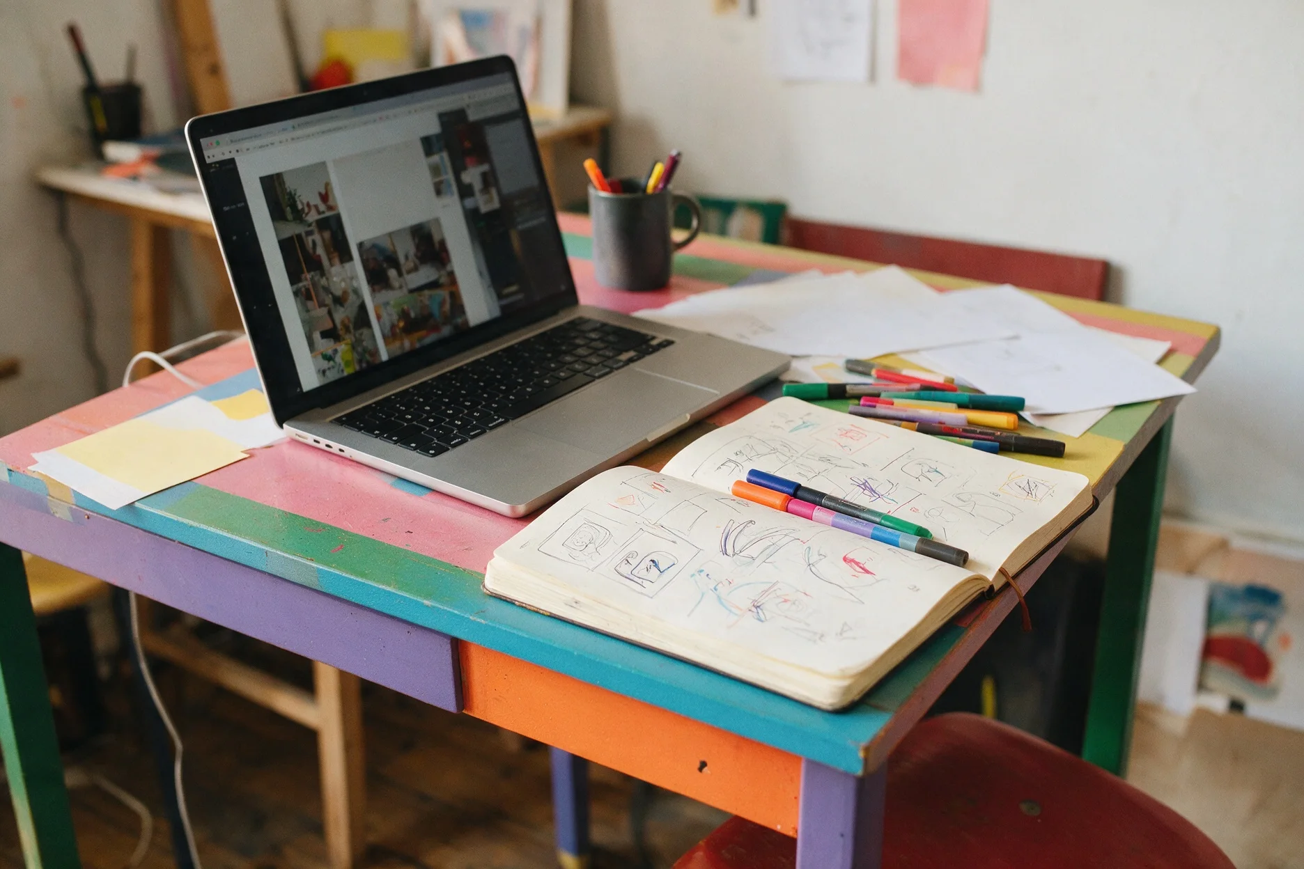 Escritorio con bocetos y una notebook