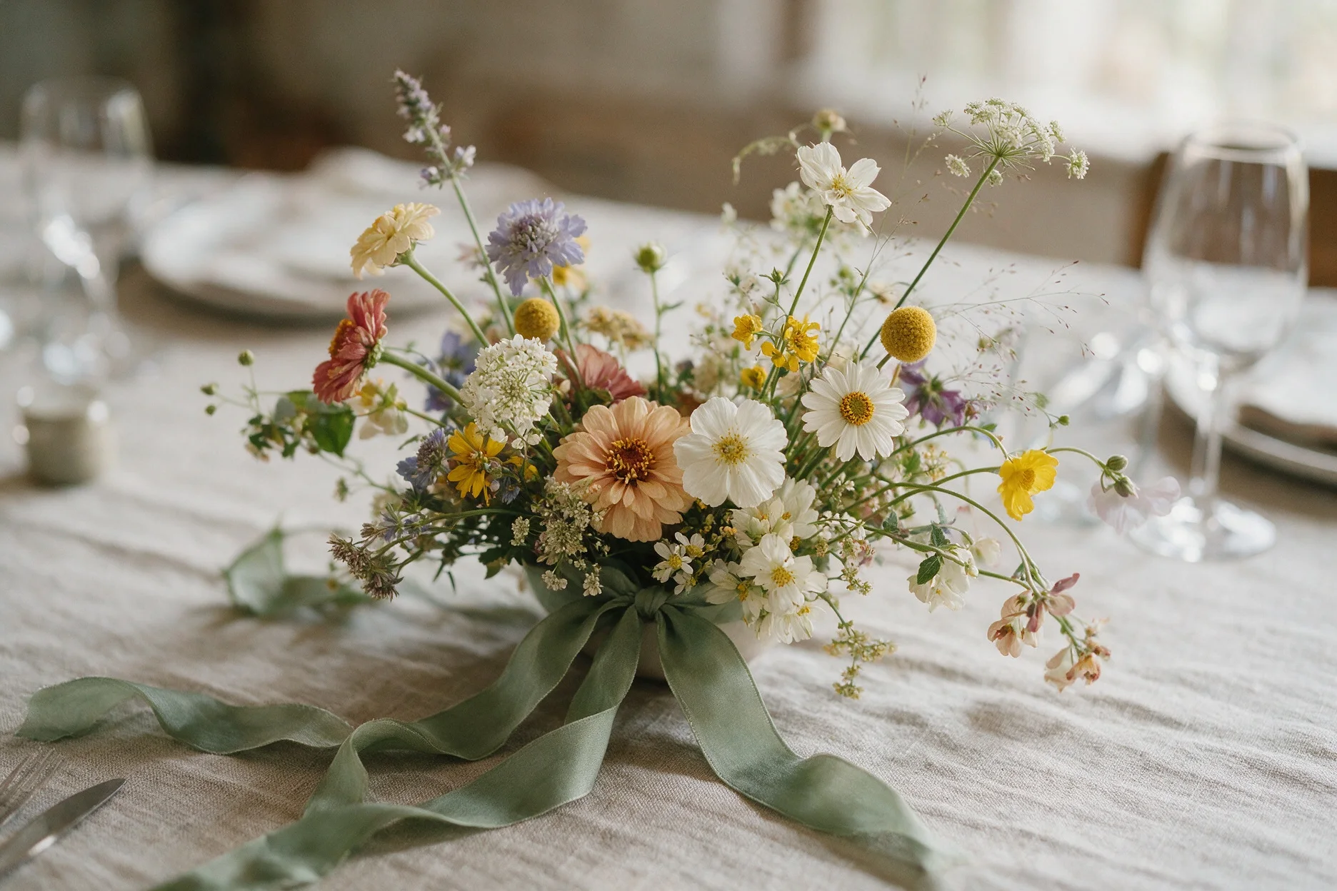 Centro de mesa con flores de campo y cinta verde