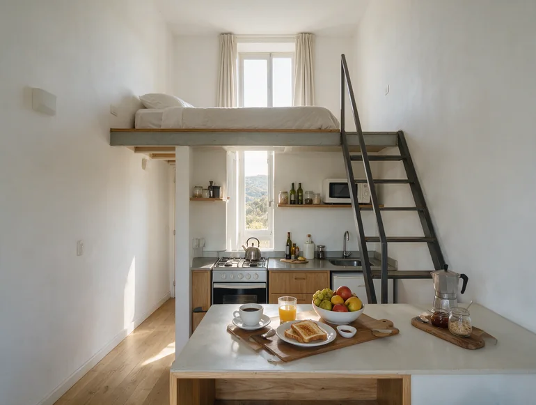 Loft con cama en entrepiso y el desayuno servido en la isla de la cocina