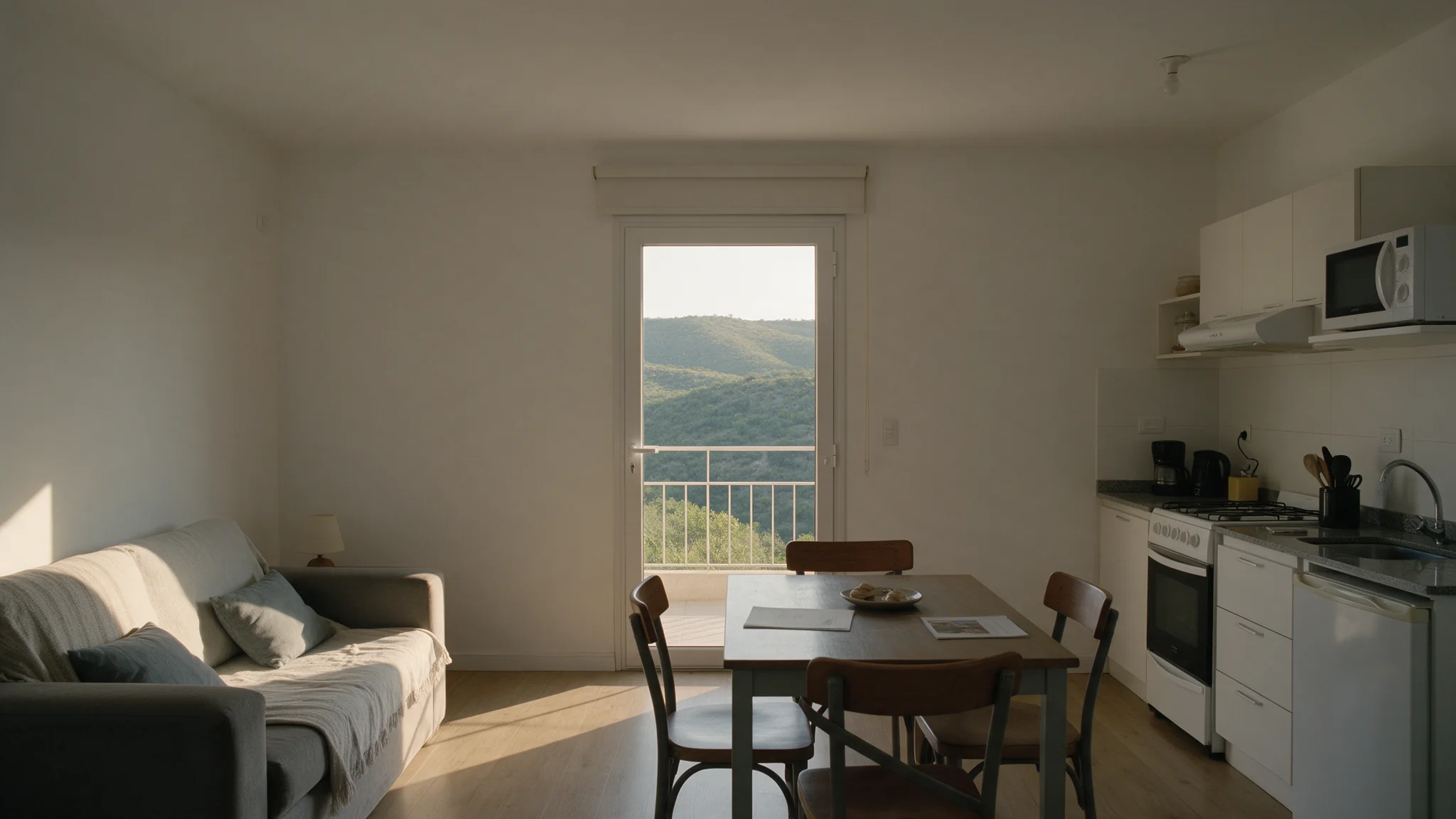El living y la cocina de un departamento, con el balcón abierto a las sierras