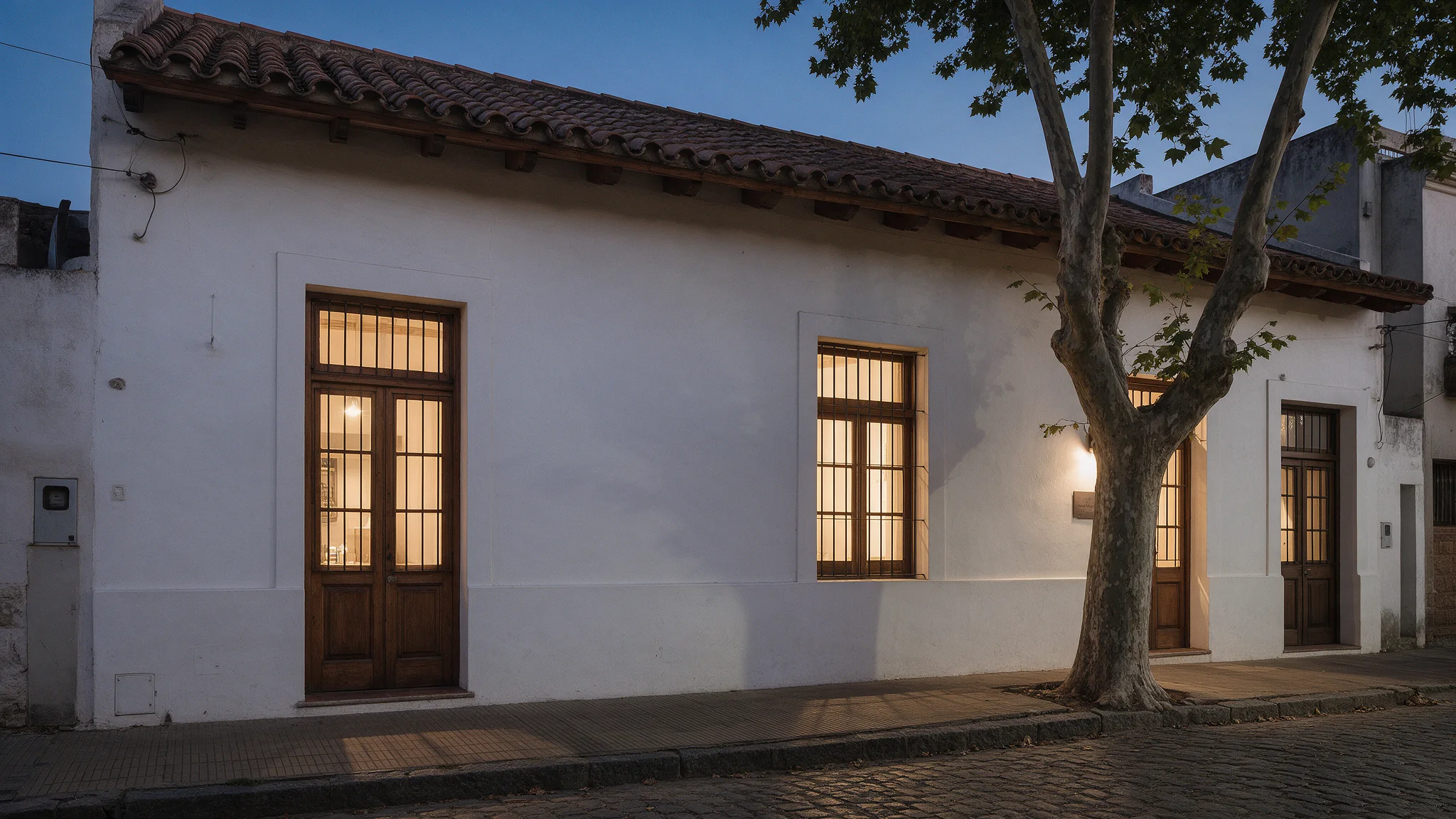 La fachada encalada del hotel al anochecer, con las ventanas encendidas