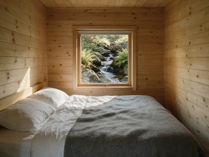 Cabaña del Arroyo: el dormitorio de madera con la ventana al arroyo