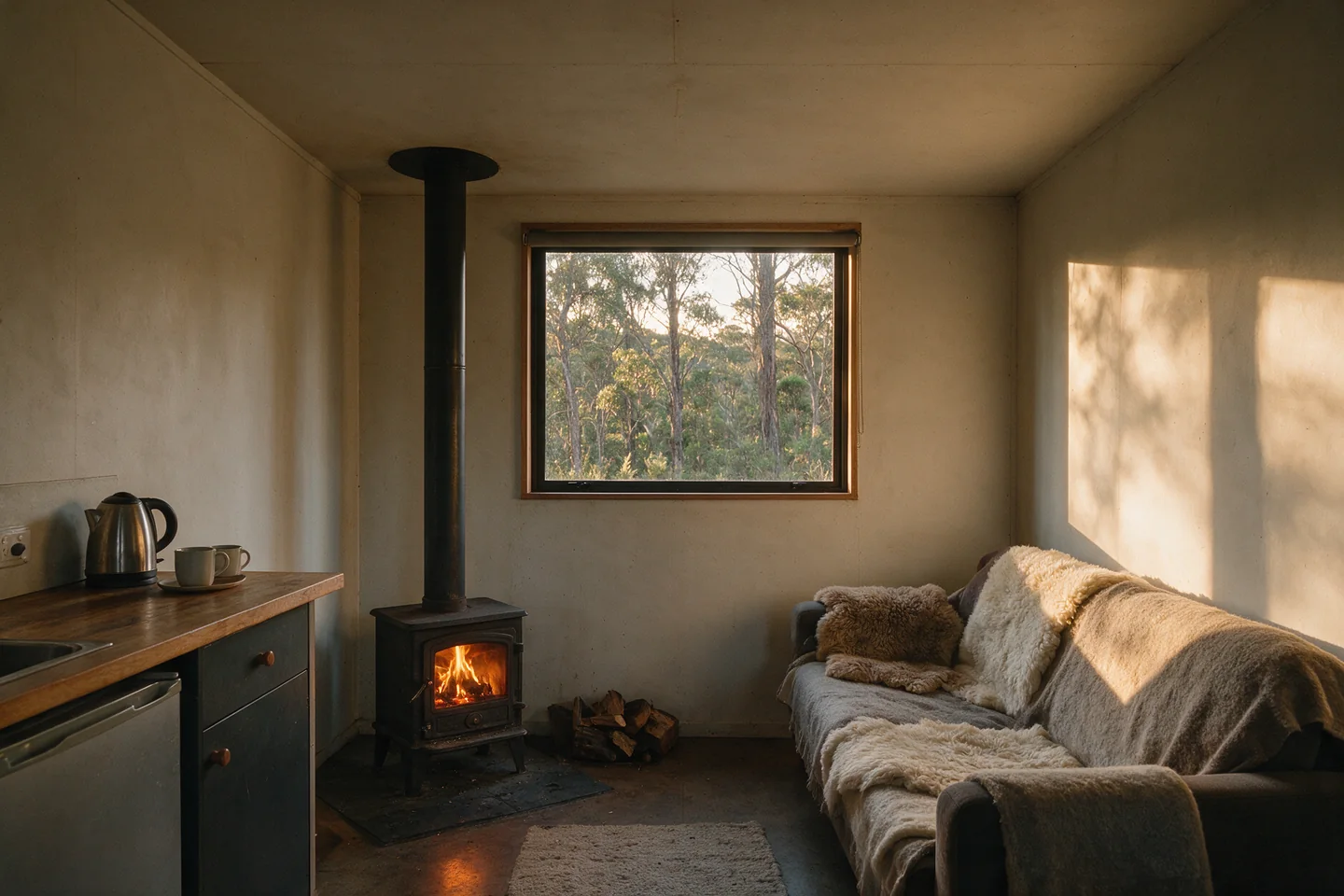El living de la cabaña con la salamandra encendida y la cocina equipada