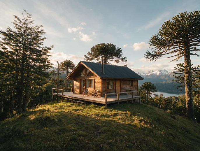 Cabaña de la Loma, con deck sobre la loma y el lago abajo
