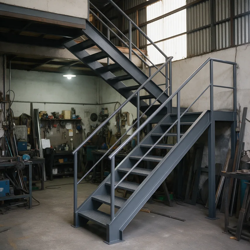 Escalera de acero con baranda, instalada entre dos niveles de la planta