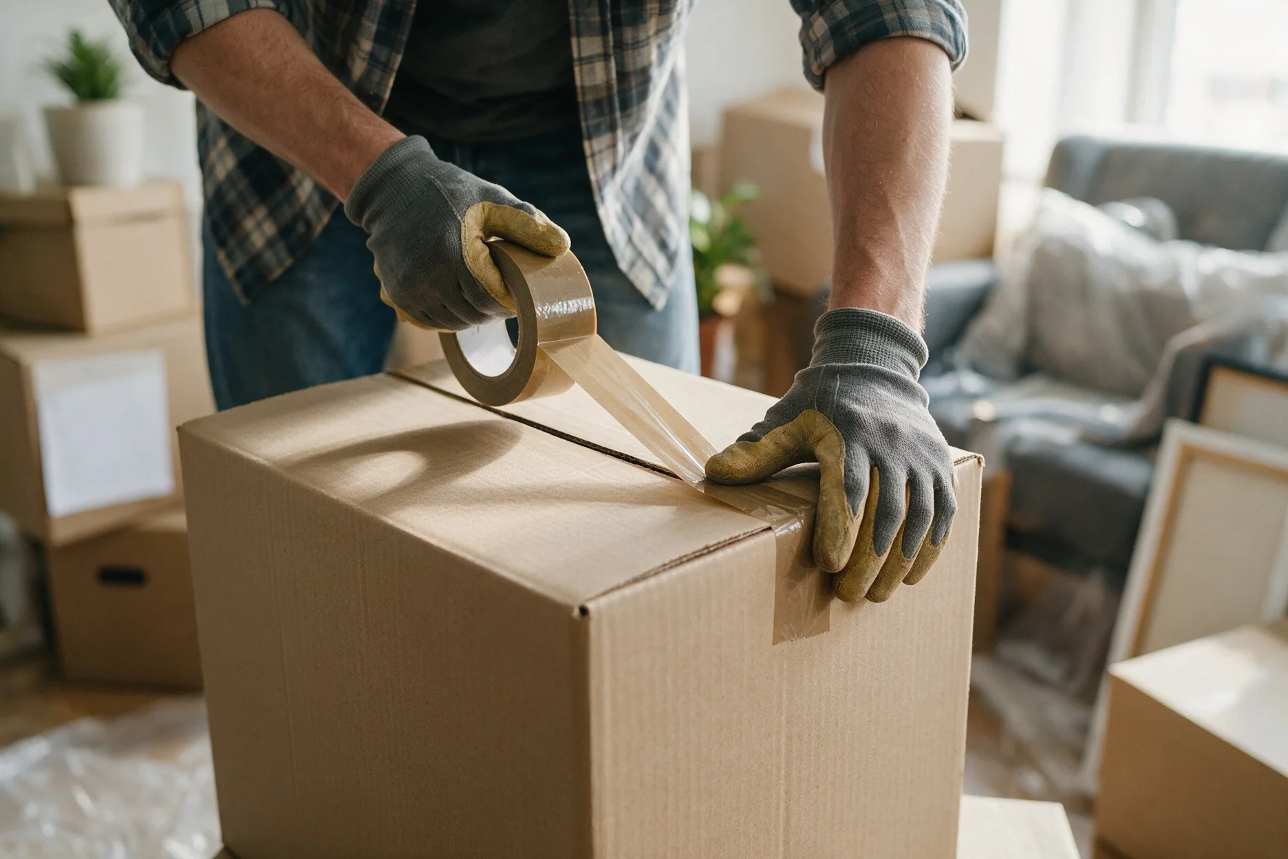 Manos con guantes cerrando una caja de mudanza con cinta