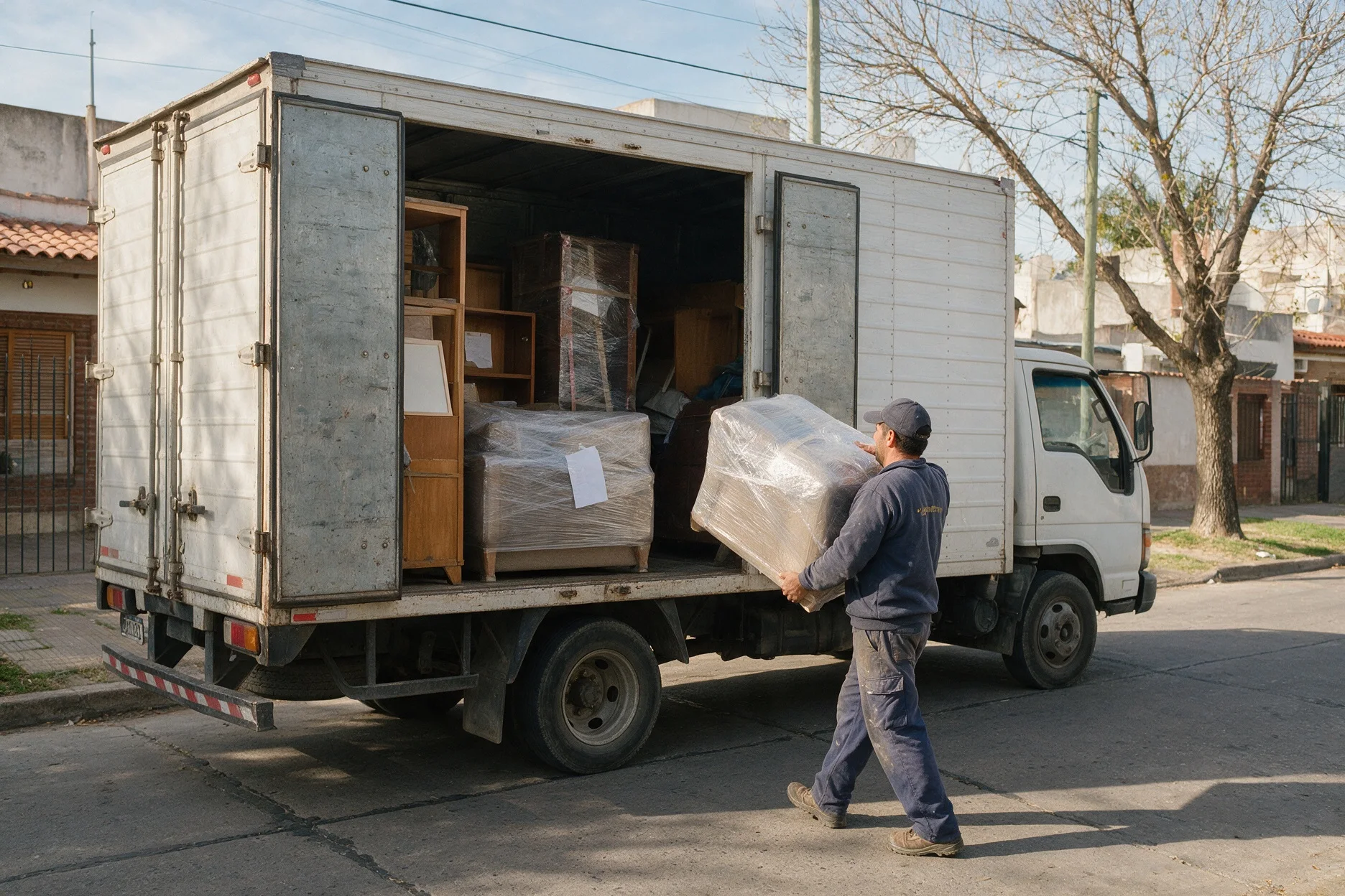 Utilitario de mudanza cargando muebles en la vereda