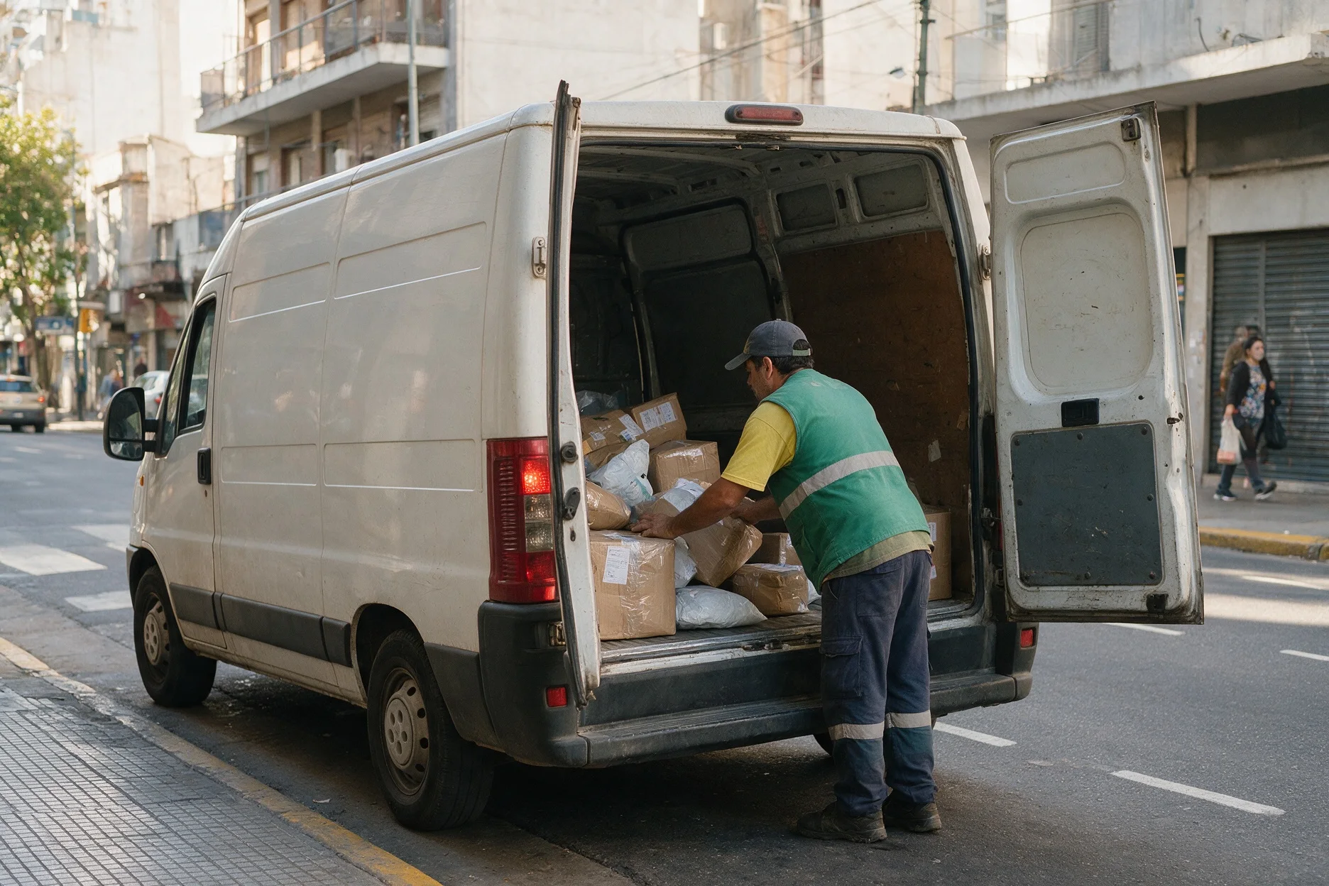 Utilitario de reparto descargando mercadería