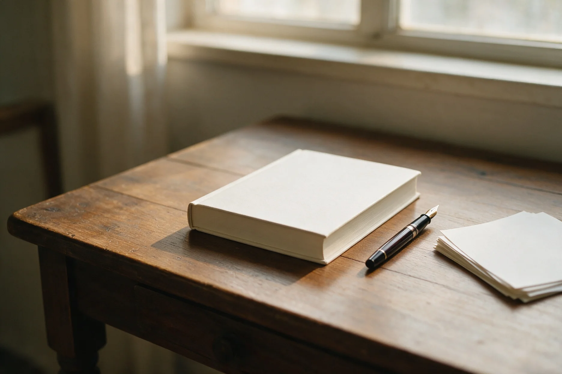 Un cuaderno y una lapicera sobre una mesa de madera, junto a la ventana