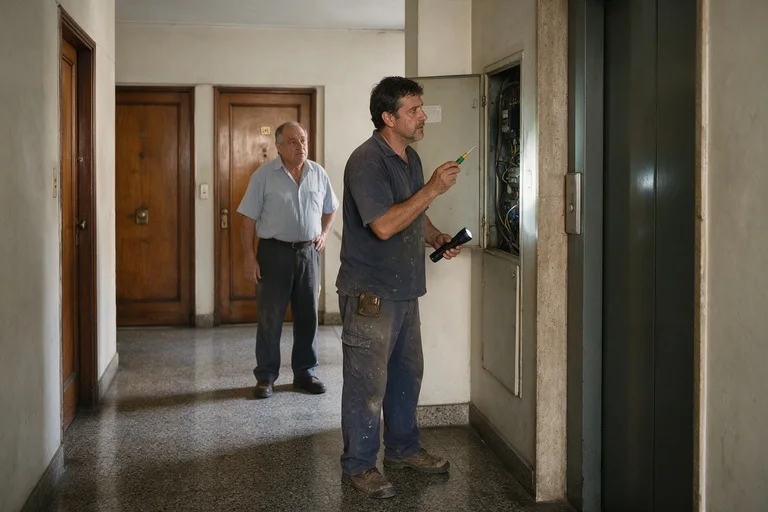 Revisando el tablero del edificio con el encargado