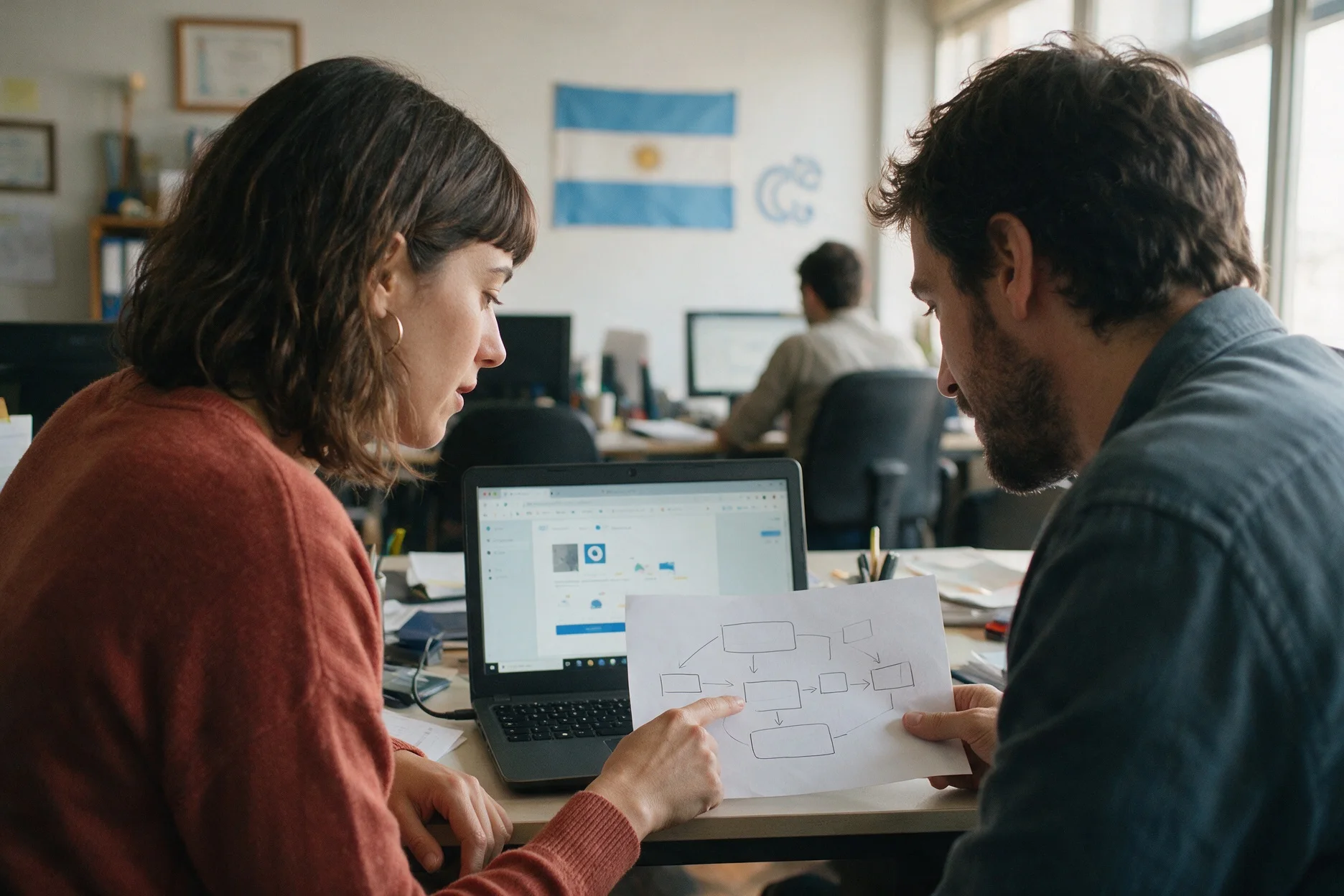 Dos personas del equipo revisando un proyecto en la notebook