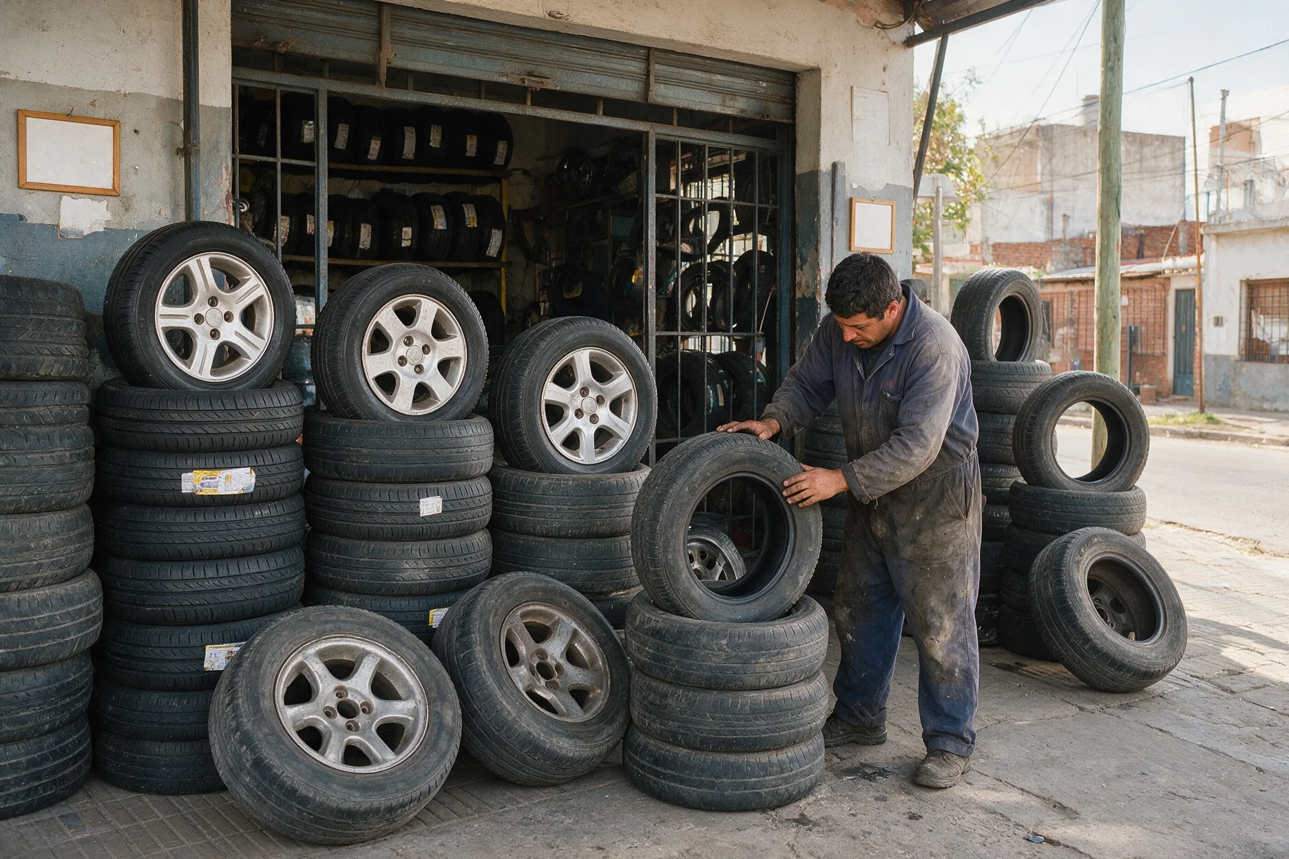 La gomería [NOMBRE] con cubiertas apiladas en la vereda