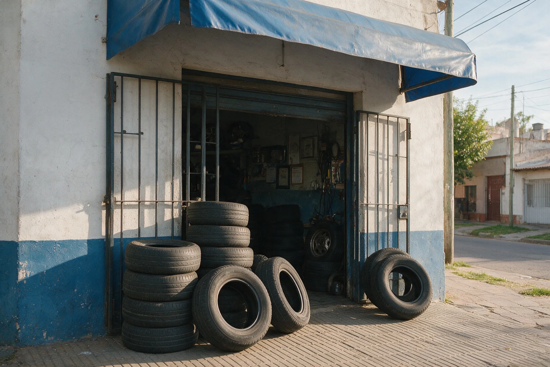 El frente de la gomería con cubiertas en la puerta