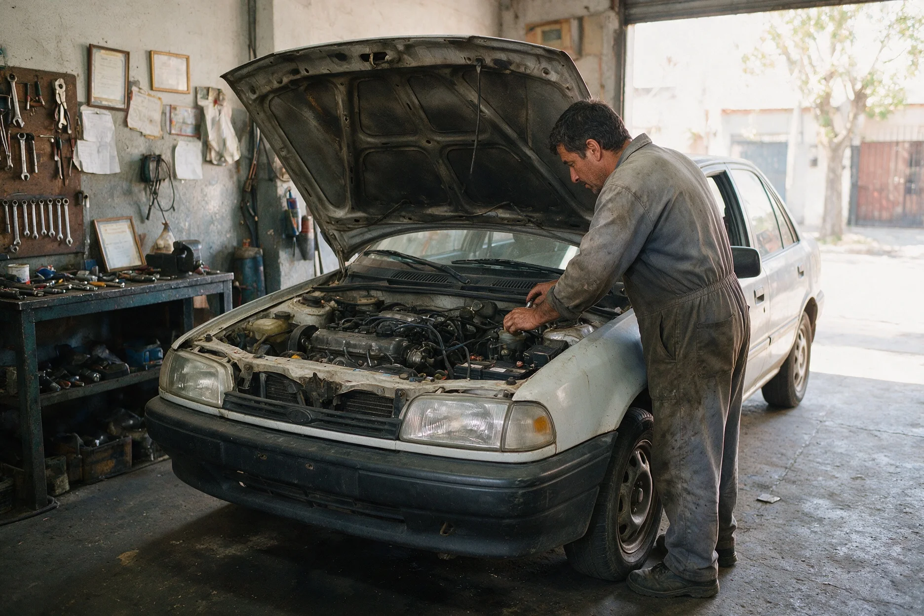 El mecánico revisando el motor de un auto en el taller