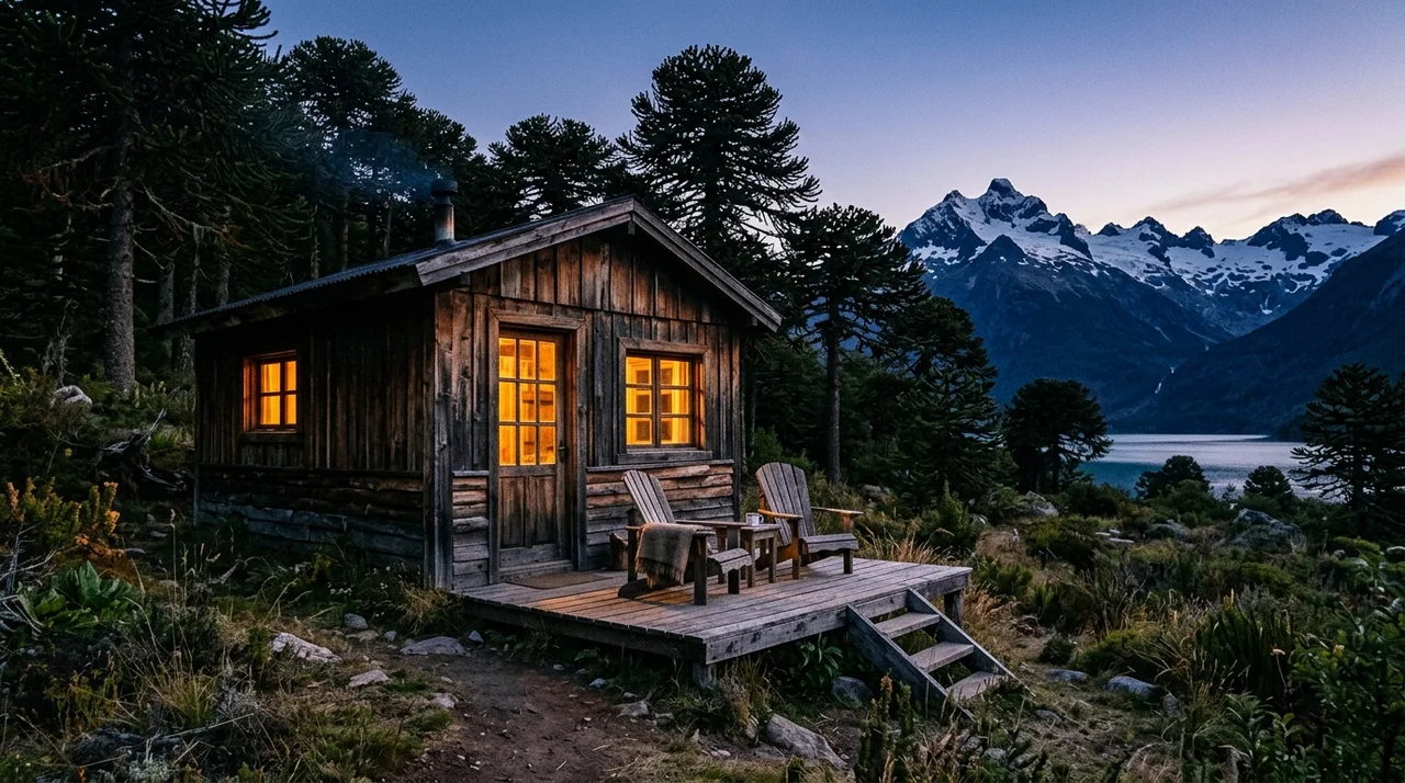 Cabaña de madera entre árboles al atardecer, con luz cálida en las ventanas