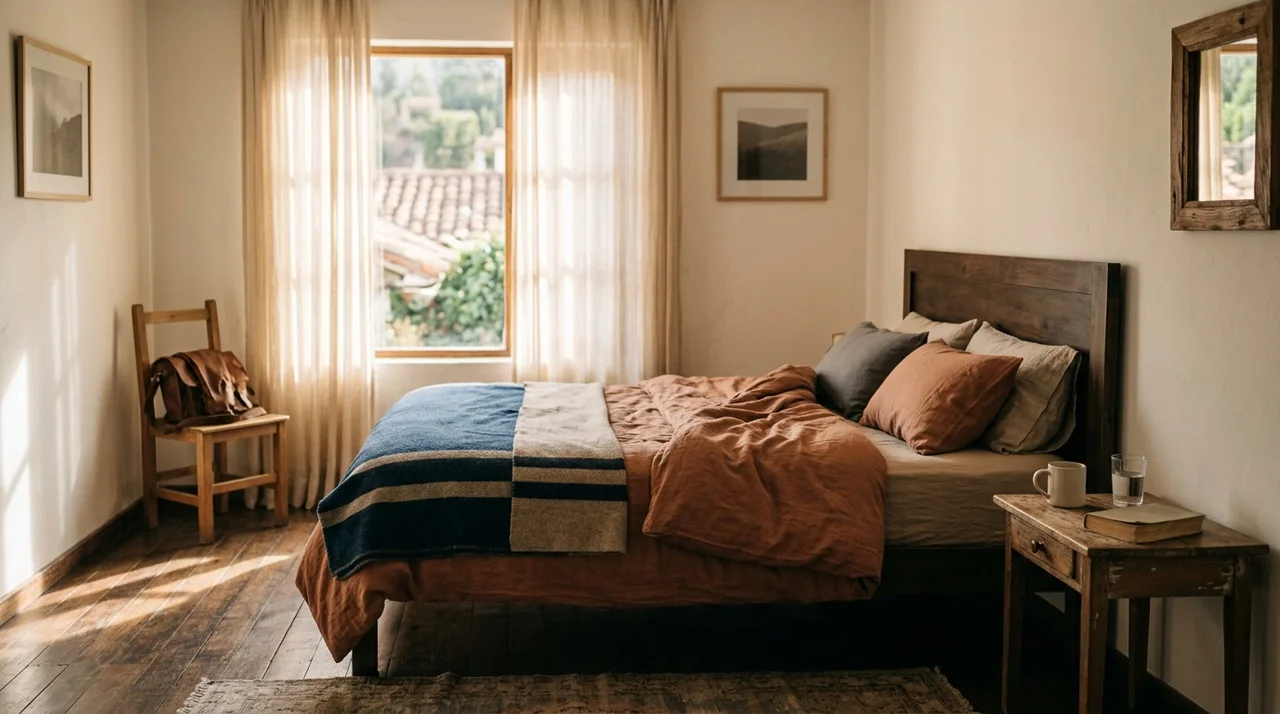 Interior de una habitación con cama tendida y luz de tarde