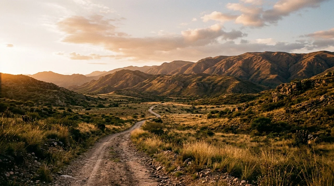 Vista amplia de la sierra al atardecer, con un sendero de tierra