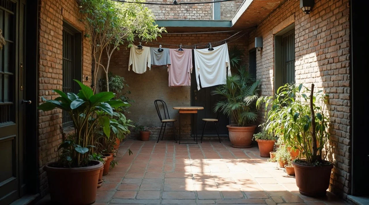 Patio interno de un PH con paredes de ladrillo visto